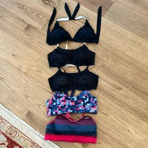 5 Pieces 34 C. 2 reversible bras, 1 reversible, bikini top and 2 sports bras.